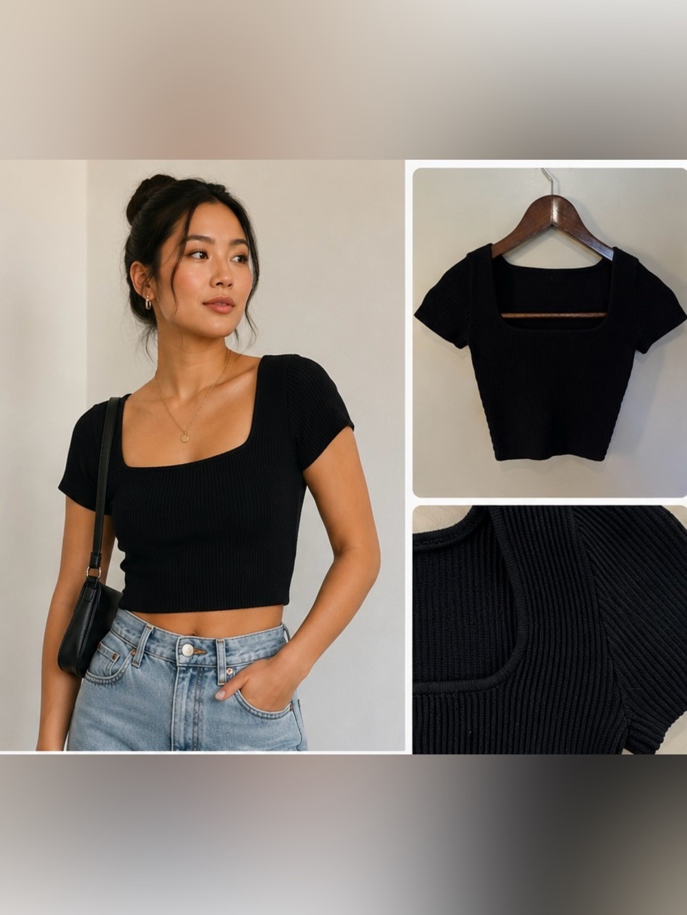 Babaton Aritzia Black Ribbed Square Neck Crop Top 2XS